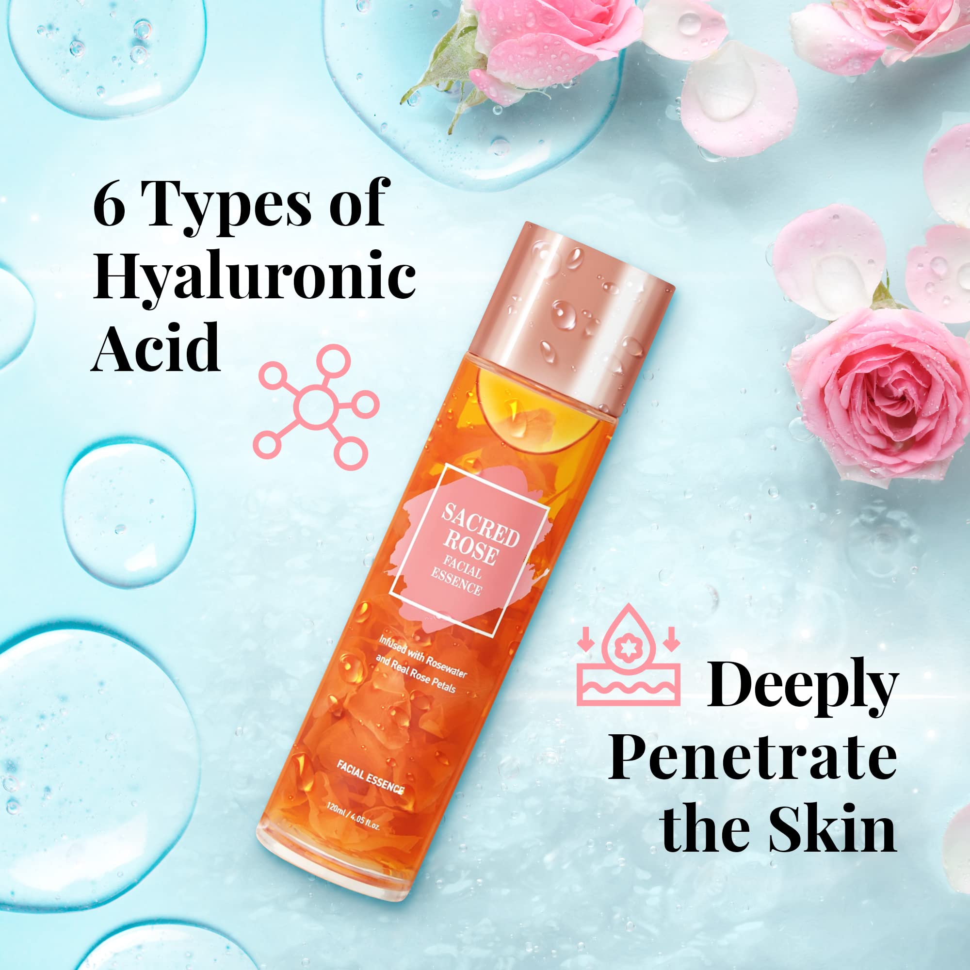 K Beauty Sacred Rose Facial Essence - Brightening Serum with Rose Water & 6 Hyaluronic Acids for Deep Hydration & Dewy Glow | Perfect for Dry Skin, Morning Routine & Night Skincare Regimen
