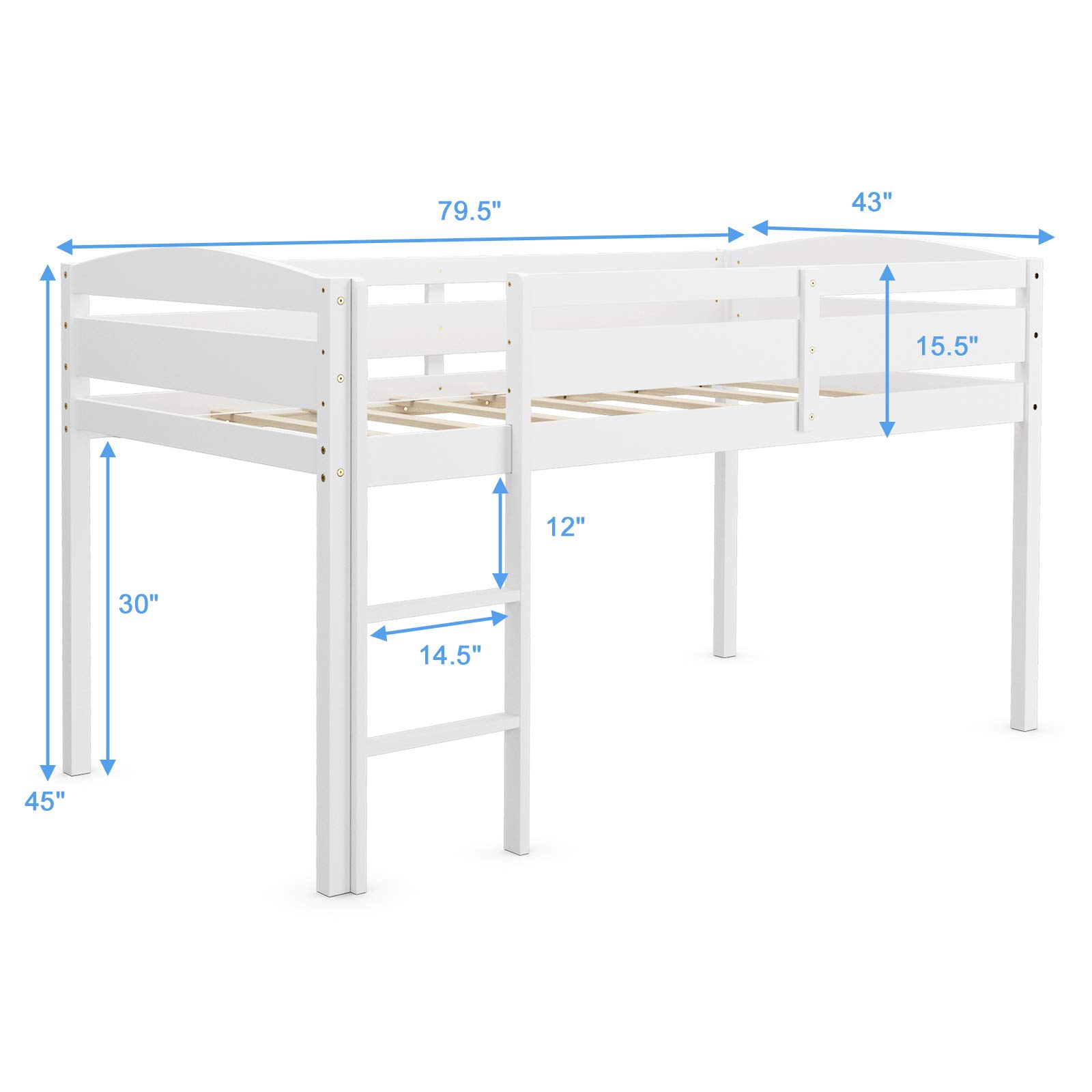 Costzon Twin Loft Bed with Guard Rail & Ladder - Solid Wood Low Loft Bed for Kids, No Box Spring Needed - Classic White Children's Bed with Storage - Perfect for Small Bedrooms, Dorm Rooms & Kids' Sleepovers