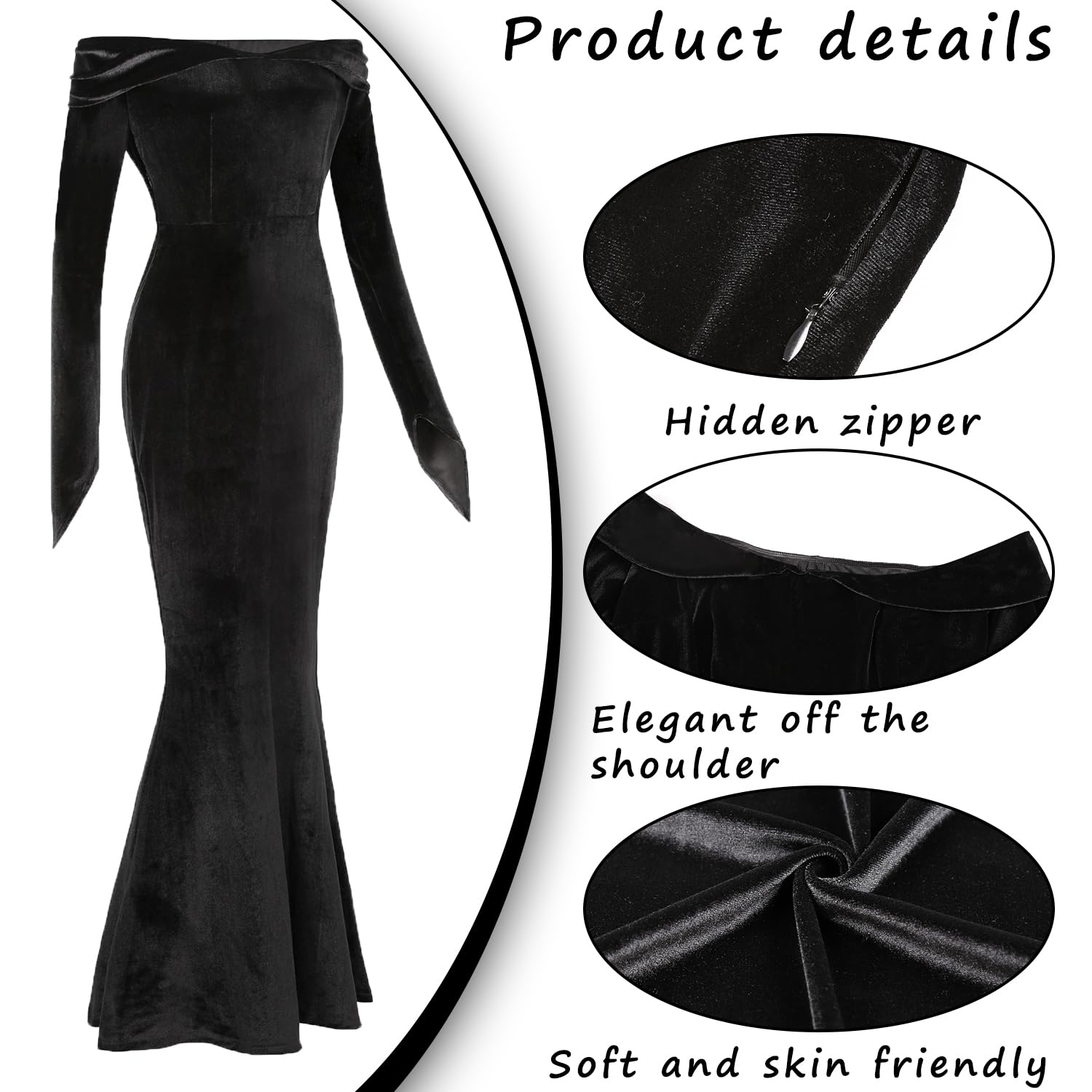 Oumbivil Women's Long Black Gothic Dress - Halloween Witch Costume, Elegant Lace Evening Gown for Cosplay, Party & Gothic Fashion