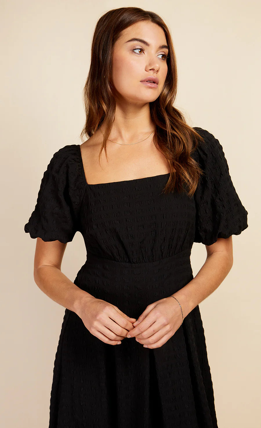 Clara Textured Puff Sleeve Midaxi Dress for Women - Elegant Black Flowy Midi Dress for Parties, Weddings & Date Nights
