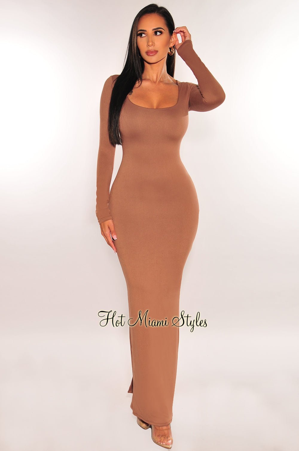 Elegant Toffee Round Neck Long Sleeve Maxi Dress for Women - Flowy Boho Chic Dress for Casual Outings, Beach Vacations & Date Nights