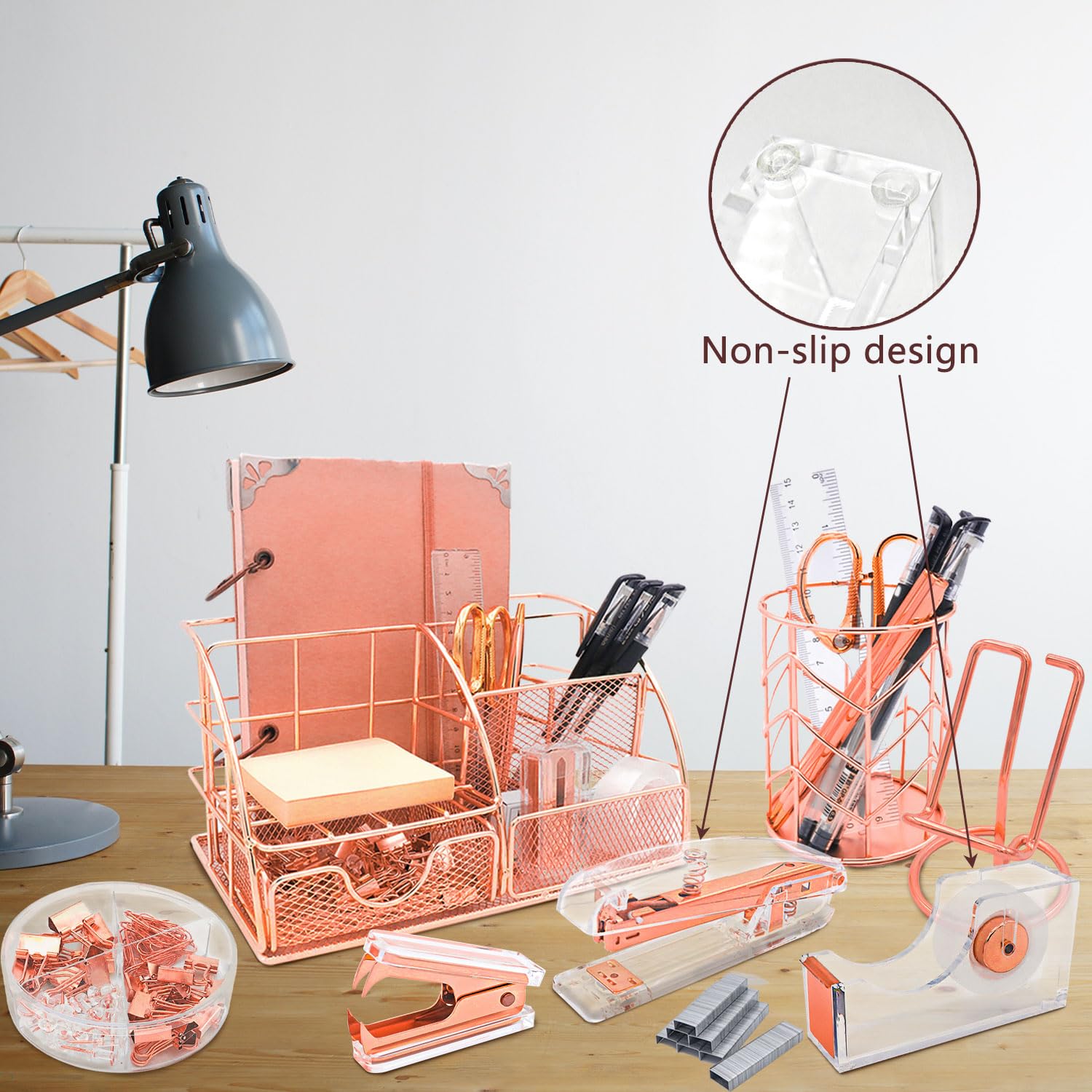 Rose Gold 13-Piece Office Desk Organizer Set - Acrylic Stapler, Staple Remover, Paper Clips, Scissors, Phone Stand, Pens & Pen Holder, Tape Dispenser - Perfect for Home Office, Workspace & School Organization