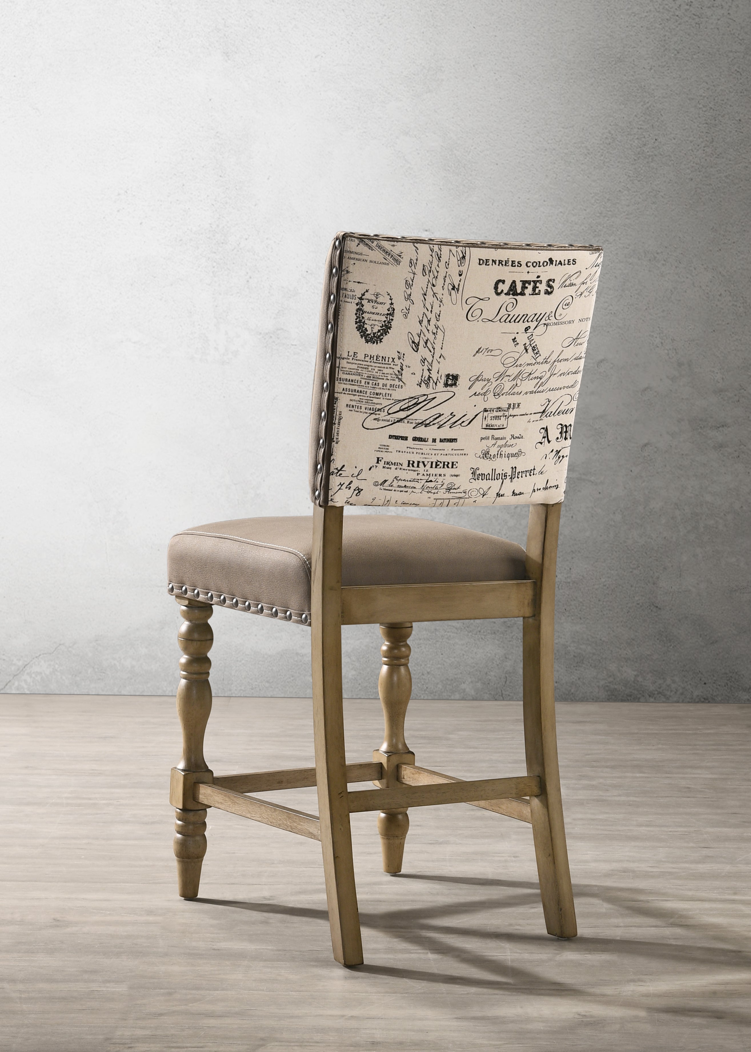Roundhill Furniture Birmingham Script Printed Driftwood Finish Counter Height Dining Chairs with Nailhead Trim - Set of 2 - Perfect for Kitchen Islands, Breakfast Bars & Small Space Dining