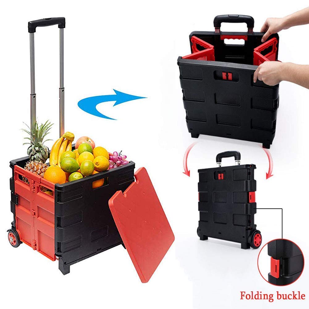 Heavy Duty Collapsible Two-Wheeled Utility Cart with Lid & Seat - Lightweight Rolling Handcart for Groceries, Shopping, and Storage | Perfect for Supermarkets, Camping, and Home Organization
