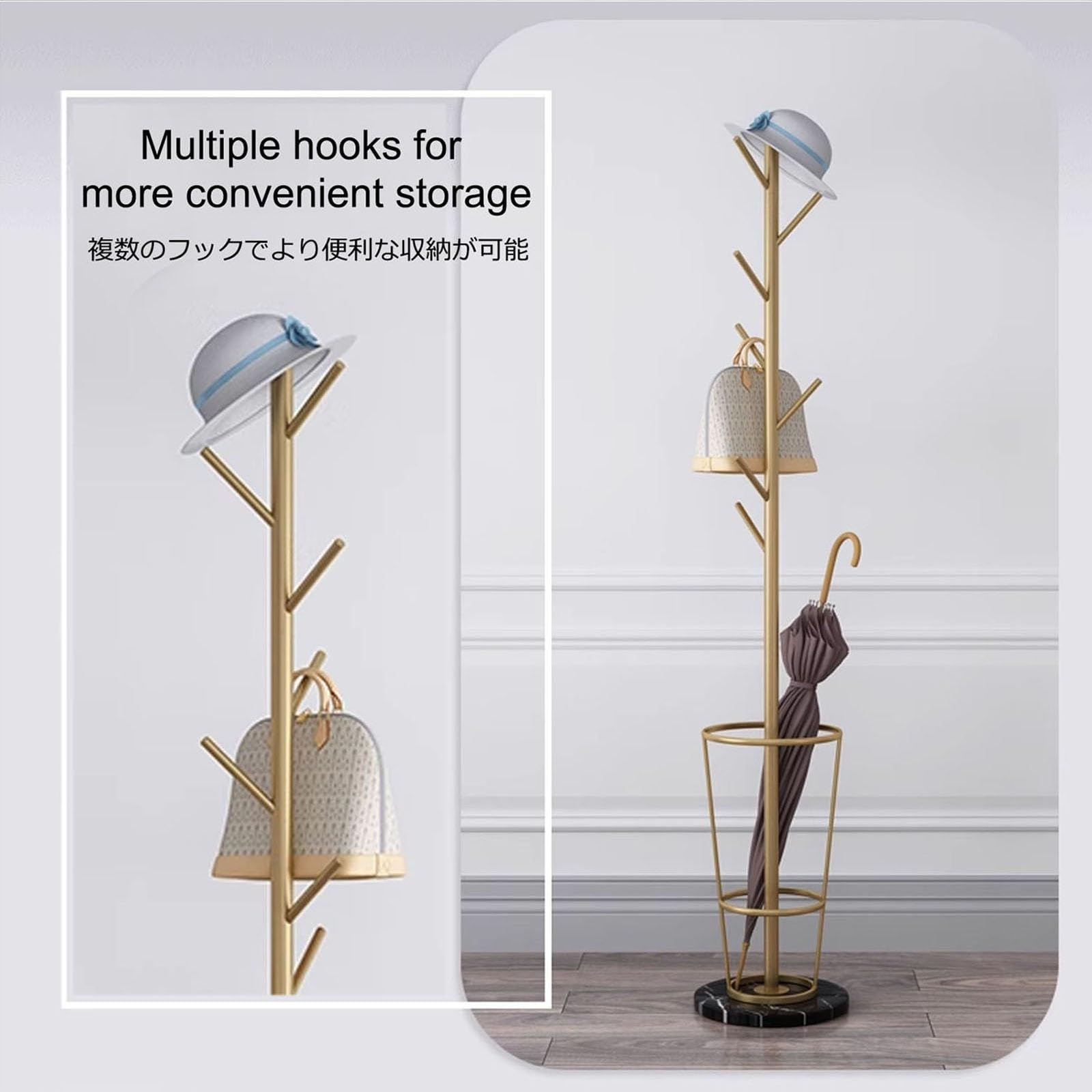 Stylish Metal Umbrella Stand with Coat Rack - Heavy Duty Entryway Organizer with Marble Base & Multiple Hooks for Hats, Bags & Accessories (Gold & Black) - Perfect for Foyer, Porch, Mudroom & Home Decor
