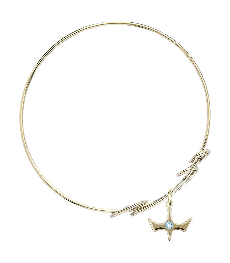 8 Inch Round Double Loop Bangle Bracelet with Holy Spirit Medal Charm & March Birthstone Blue Crystal - Elegant Religious Jewelry for Women, Perfect for Baptism, Confirmation, Church & Special Occasions