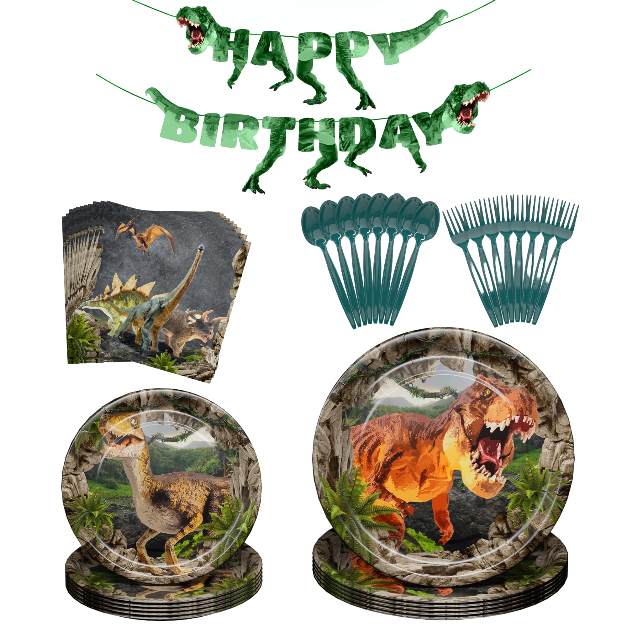 Dinosaur Party Supplies Set (109 Pcs) - Disposable Dinosaur-Themed Tableware Kit with Plates, Napkins, Banner, Forks & Spoons - Perfect for Kids Birthday Parties, Baby Showers & Themed Events (Serves 20 Guests)