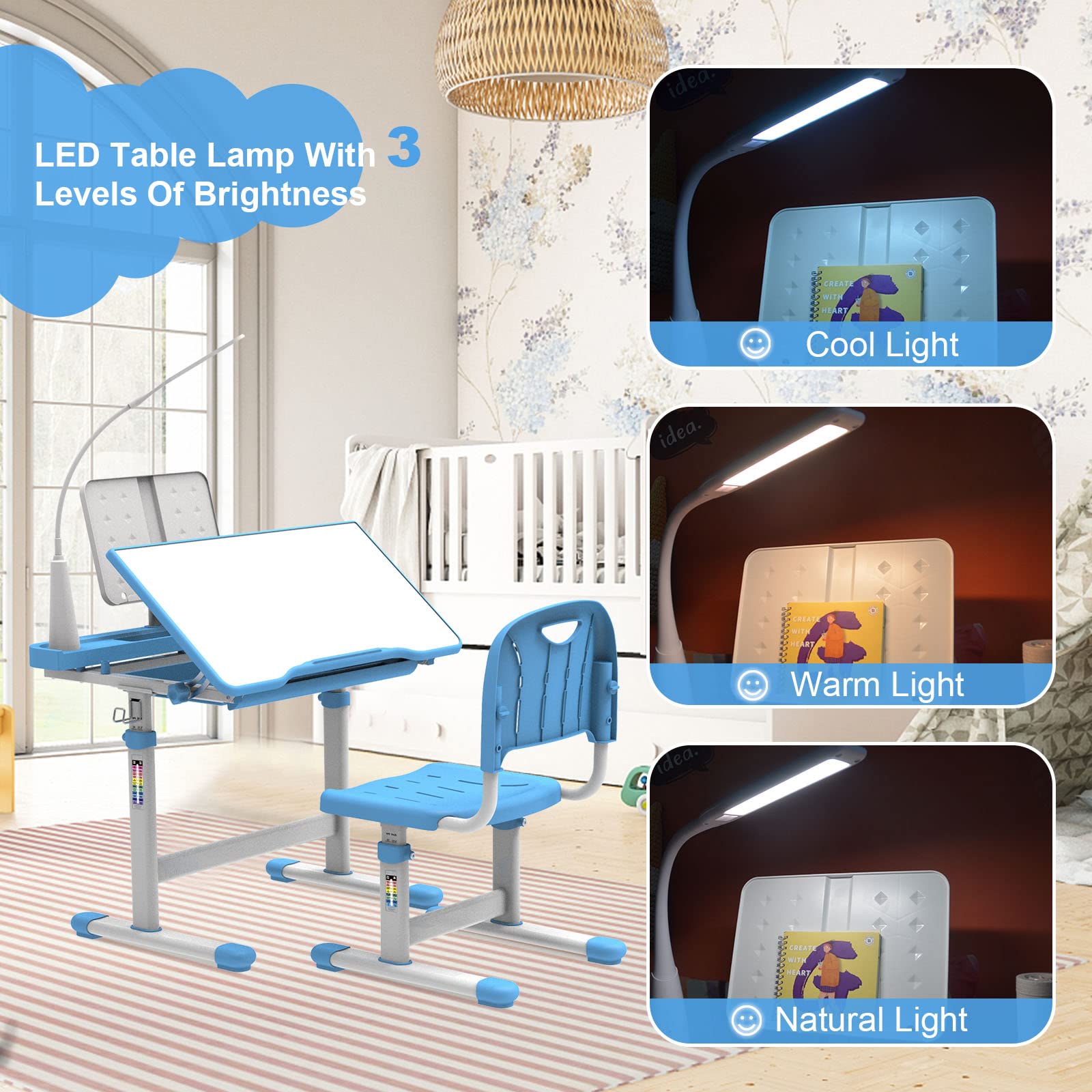 BELANITAS Adjustable Kids Desk and Chair Set - Ergonomic Study Desk with 3-Level Lighting, 40° Tiltable Tabletop & Height Adjustable for Children - Perfect Back to School Gift (Blue) - Ideal for Homework, Drawing & Online Learning at Home