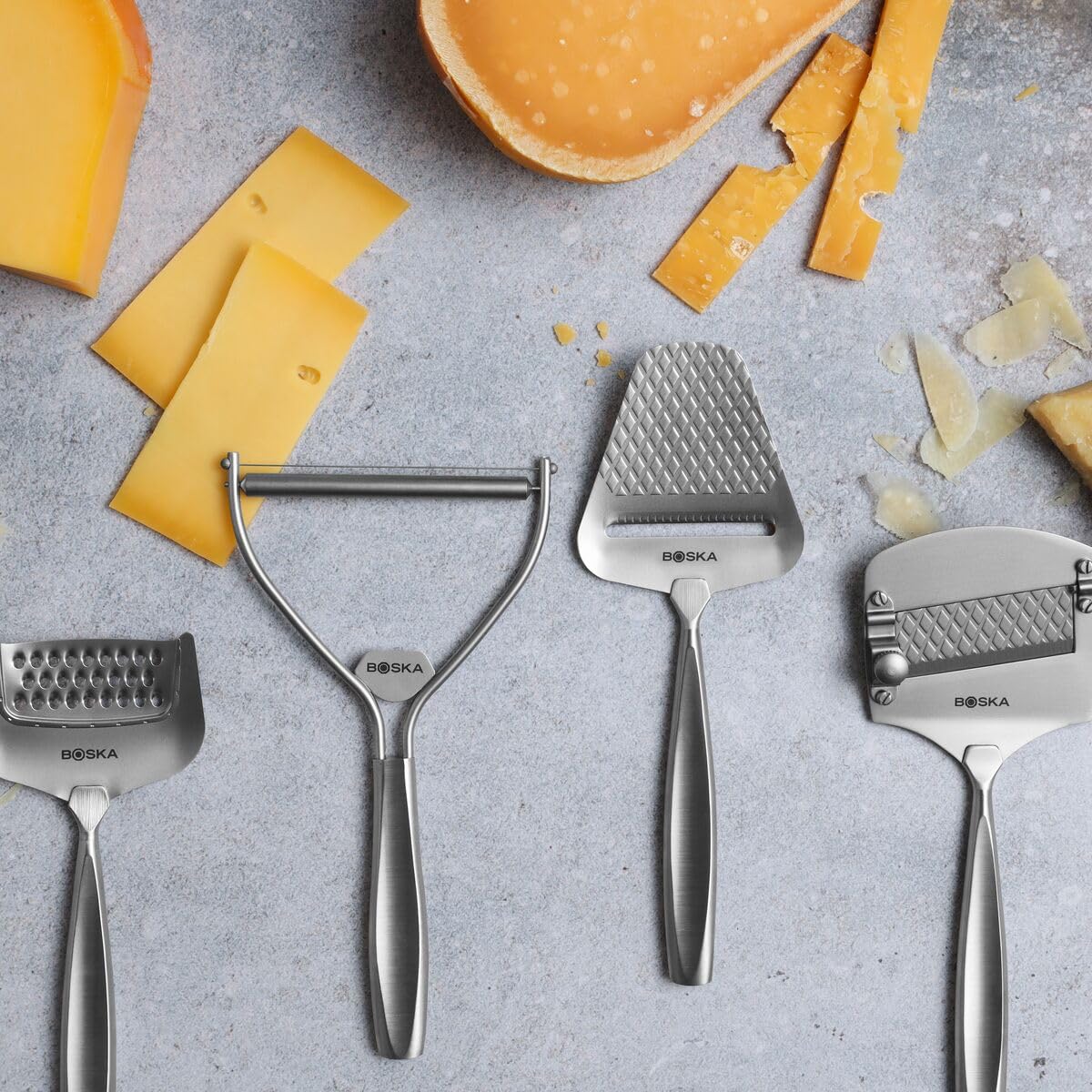 Boska Monaco Cheese Slicer with Wire - Premium Handheld Cheese Cutter for Hard & Soft Cheeses - Non-Stick Silver Blade with 3 Replacement Wires - Dishwasher Safe Kitchen Tool - Perfect for Entertaining, Charcuterie Boards & Gourmet Cooking