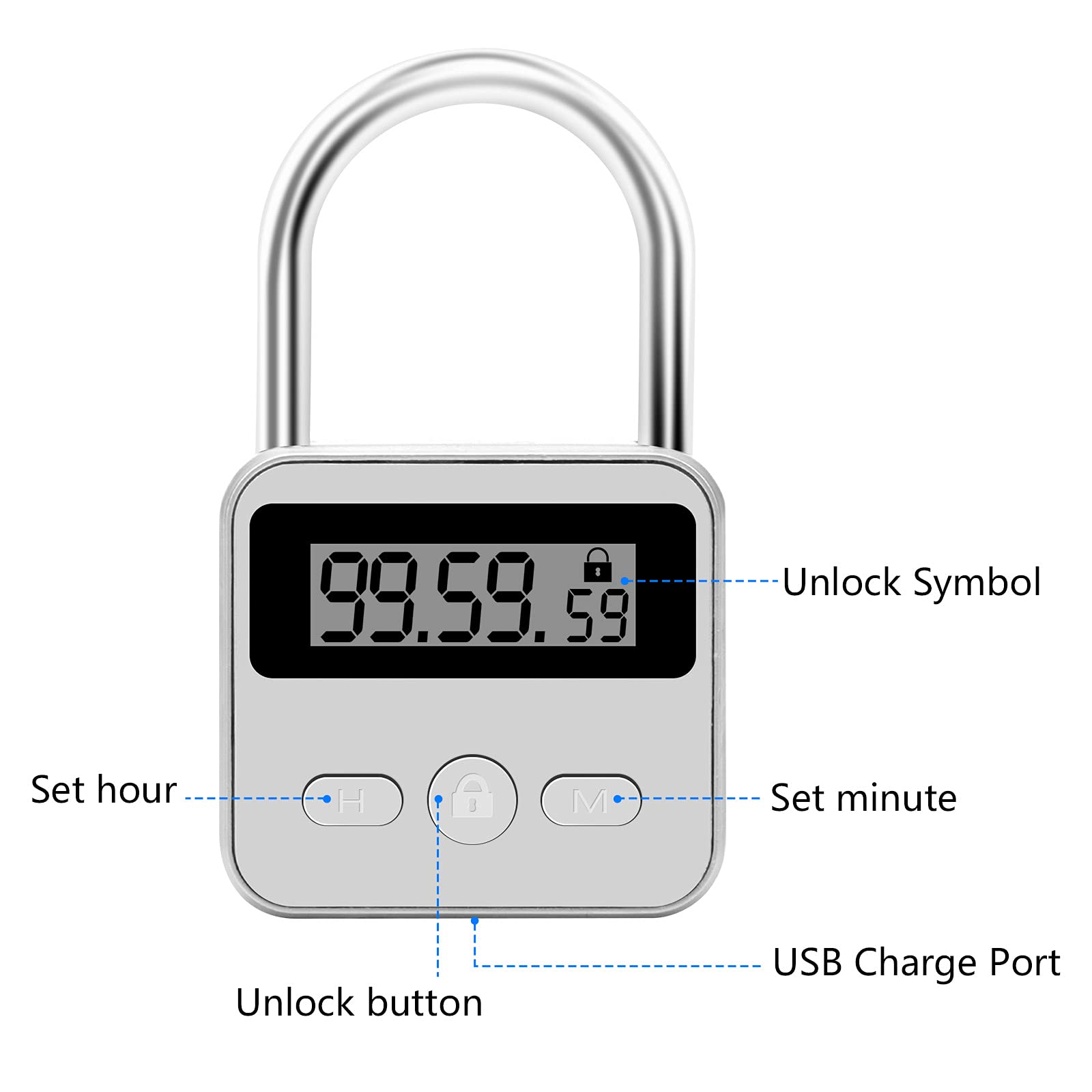 Upgraded Smart Timer Alloy Lock - 100 Hours Max Time Rechargeable Padlock with LCD Display, Silver - Perfect for Gym Lockers, Storage Units, Lockers & Travel Security