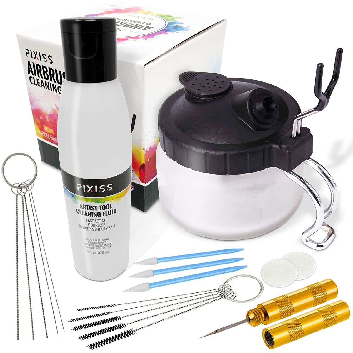 Professional Airbrush Cleaner Kit with Cleaning Solution, Holder & Glass Pot - Ultimate Airbrush Cleaning Set for Artists & Hobbyists - Perfect for Model Painting, Tattoo Practice & DIY Crafts