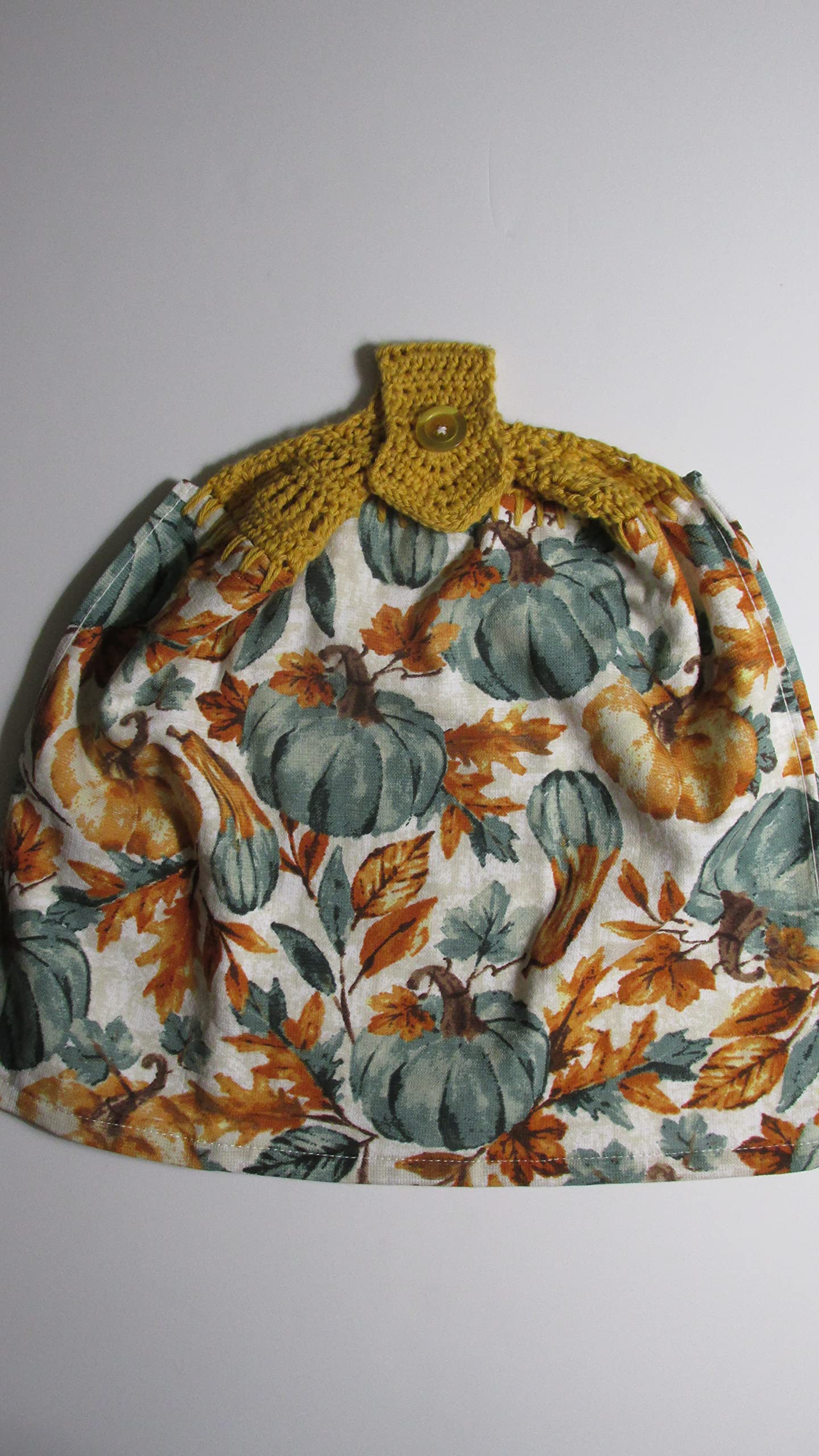 Mustard Cotton Crochet Top with Pumpkins & Gourds Design - Double Layer Fall Hanging Towel for Kitchen Decor, Thanksgiving Table Setting, and Autumn Home Decoration