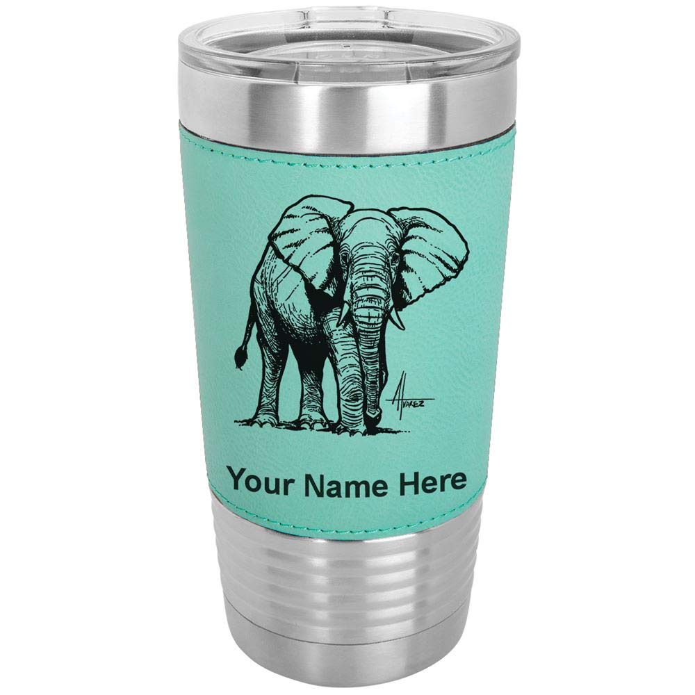 LaserGram 20oz Vacuum Insulated Stainless Steel Tumbler Mug with Leakproof Lid - Personalized Engraved African Elephant Design, Faux Leather Handle in Teal - Perfect for Coffee, Tea & Cold Drinks at Home, Office or Travel