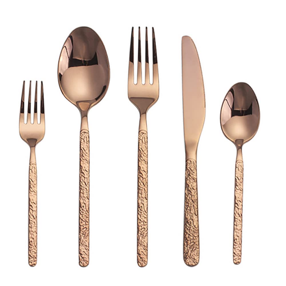 60-Piece Rose Gold Silverware Set for 12 - Hammered Modern Stainless Steel Flatware Set with Forks, Spoons & Knives - Elegant Tableware Cutlery for Home, Restaurant & Wedding - Dishwasher Safe Dinnerware Set for Everyday Use & Special Occasions