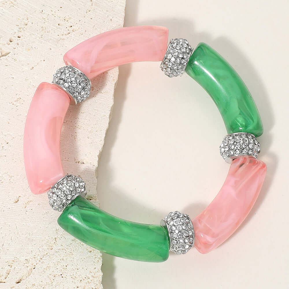 Pink & Green Paved Ring Acetate Bar Beaded Stretch Bracelet for Women - Fashion Jewelry for Casual Wear, Parties & Gifts