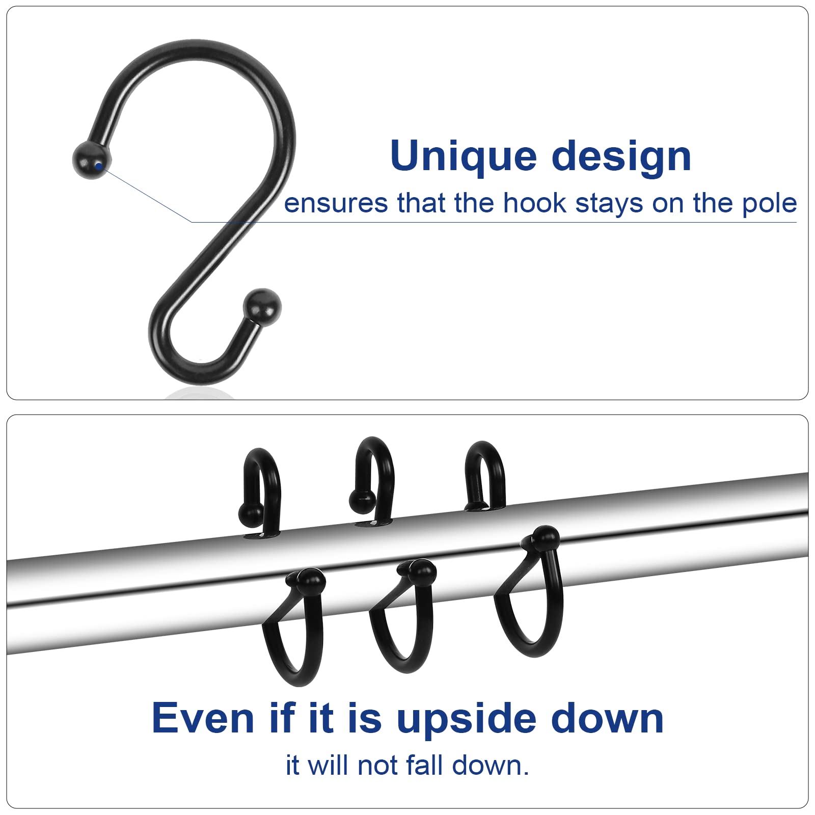 12-Pack Rust-Proof Metal Shower Curtain Hooks - Durable S-Shaped Hangers for Bathroom, Kitchen & Closet - Perfect for Shower Curtains, Utensils, Clothes & Towels (Black) | Space-Saving Home Organization Solution