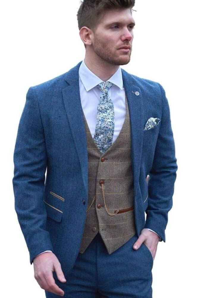 Vintage Blue Tweed Herringbone Wool 3-Piece Men's Tuxedo Suit Set - Jacket, Vest & Pants for Weddings, Prom & Formal Events
