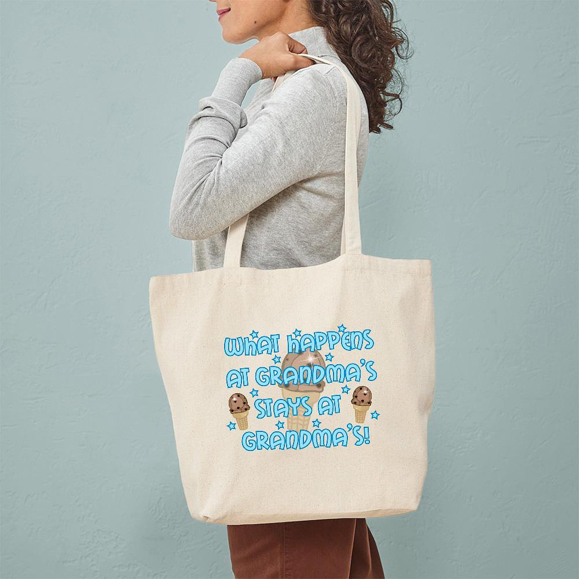 Natural Canvas Tote Bag - Reusable Grocery Shopping Bag with 'What Happens At Grandma's' Print | Perfect for Groceries, Beach Trips & Farmers Market