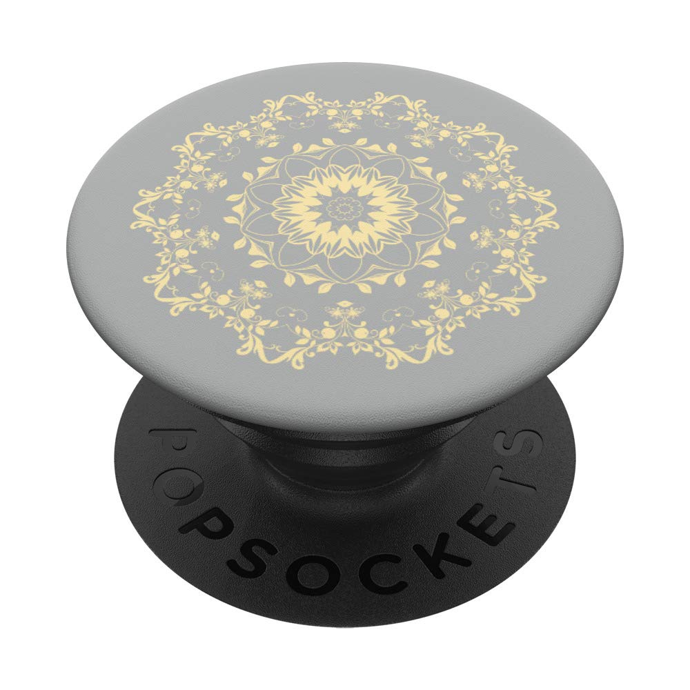 Pale Yellow on Grey Mandala Flower Design PopSocket PopGrip - Swappable Phone & Tablet Grip for Stylish Protection and Easy Handling