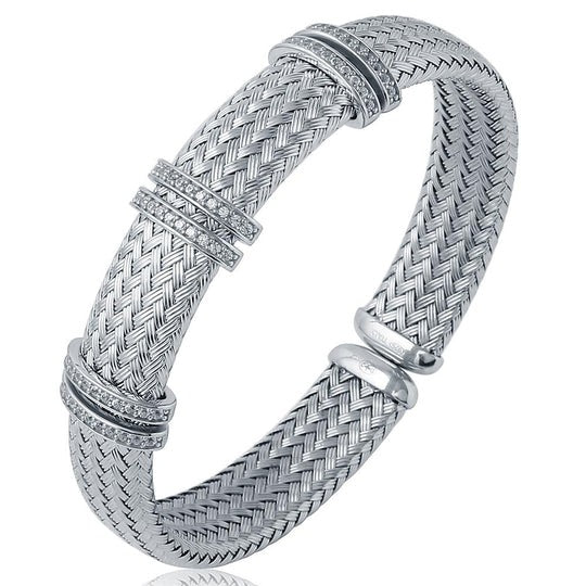 CZ Gold Plated Silver 12mm Mesh Cuff Bangle Bracelet for Women - Elegant Jewelry Gift for Birthday, Anniversary & Special Occasions