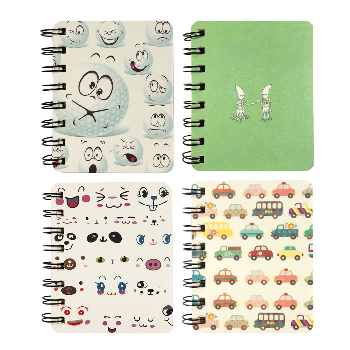 Wrapables® Spiral Pocket Notebook Set of 4 - Fun Car & Face Design Notepads for Journaling, Note Taking, Gifts | Office, School, Travel Essentials