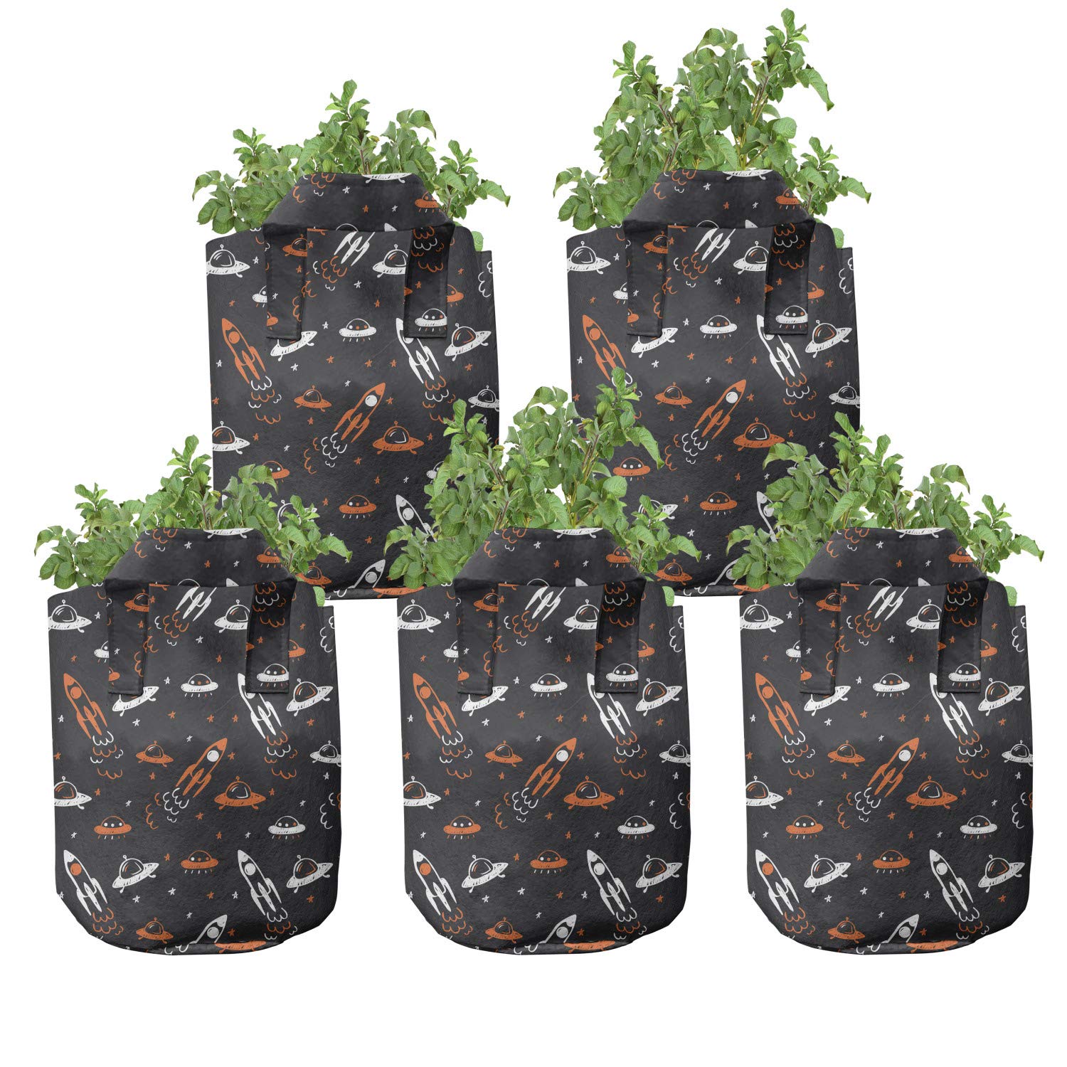 Ambesonne 5-Pack Space Themed Grow Bags - 7 Gallon Heavy Duty Fabric Plant Pots with Handles for Indoor/Outdoor Gardening - Black Orange White Cosmic Design - Perfect for Home Garden, Balcony Plants & Urban Farming