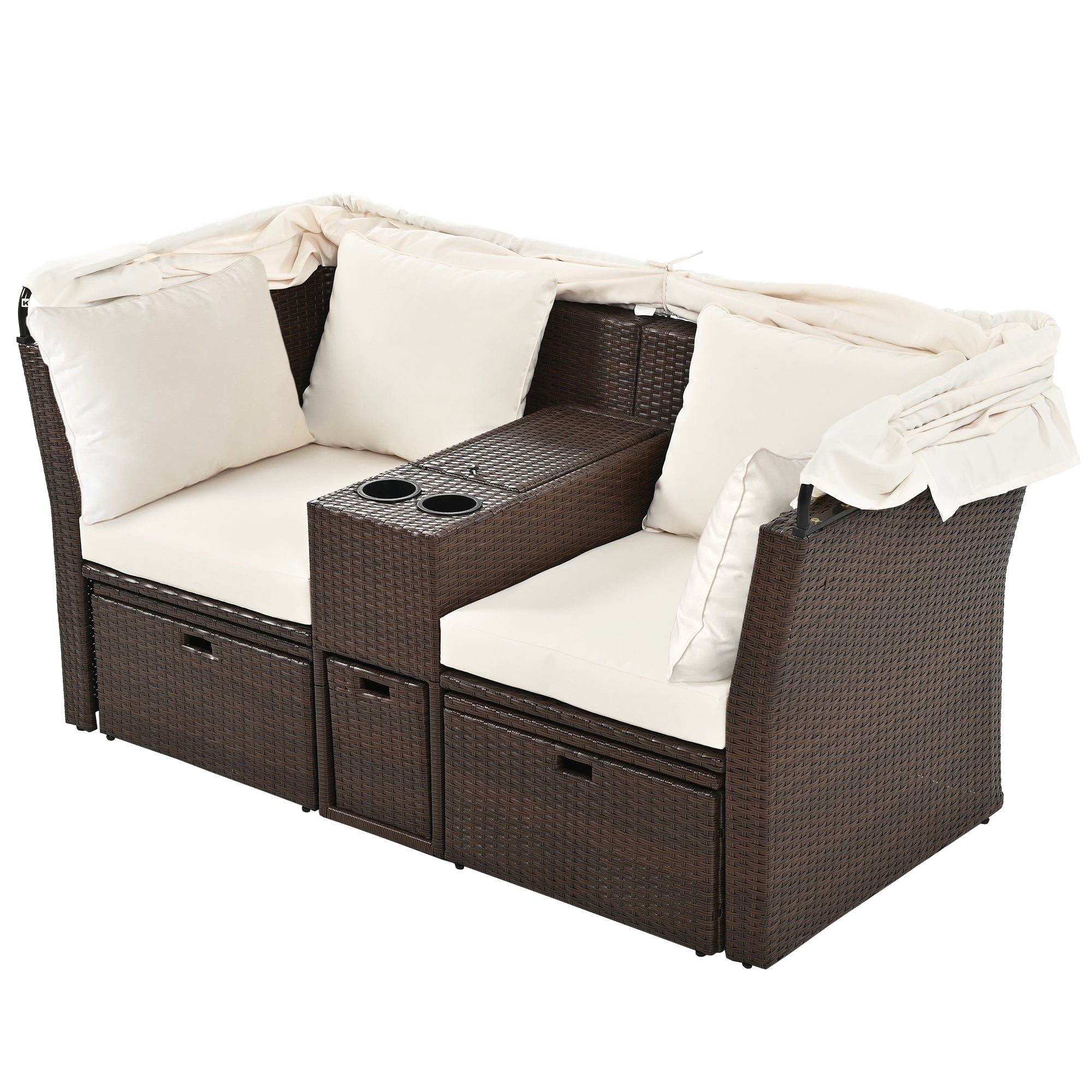 2 Seater Outdoor Patio Daybed with Foldable Awning & Cushions - Double Loveseat Sofa Set for Garden, Balcony, Poolside - Perfect for Relaxing, Sunbathing & Outdoor Lounging (Beige)
