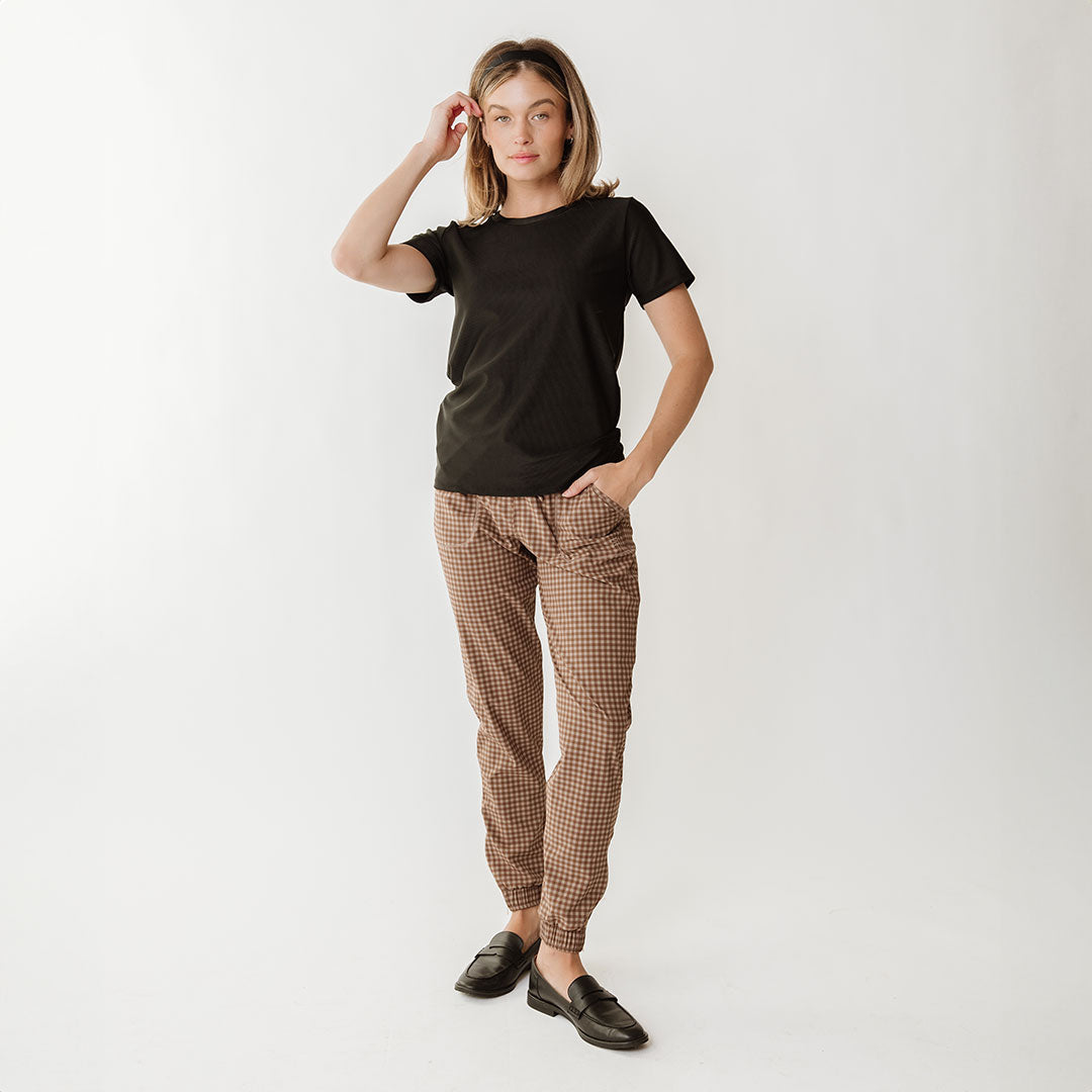Cinnamon Check Jetsetters - Stylish and Comfortable Travel Outfit for Women | Perfect for Airports, Vacations, and Casual Wear