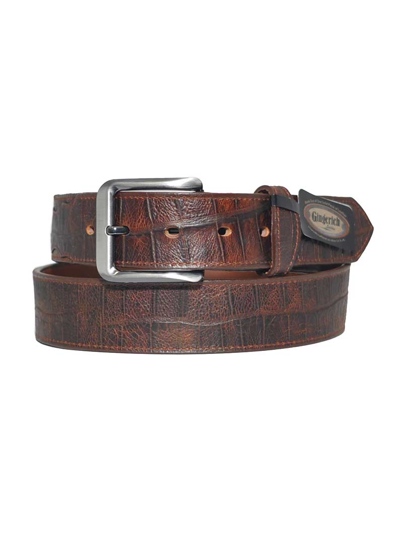 Gingerich 8244 36 Inch Men's Leather Belt - Brown Alligator Pattern with Scalloped Edges for Casual & Dress Wear | Perfect for Office, Jeans & Formal Occasions