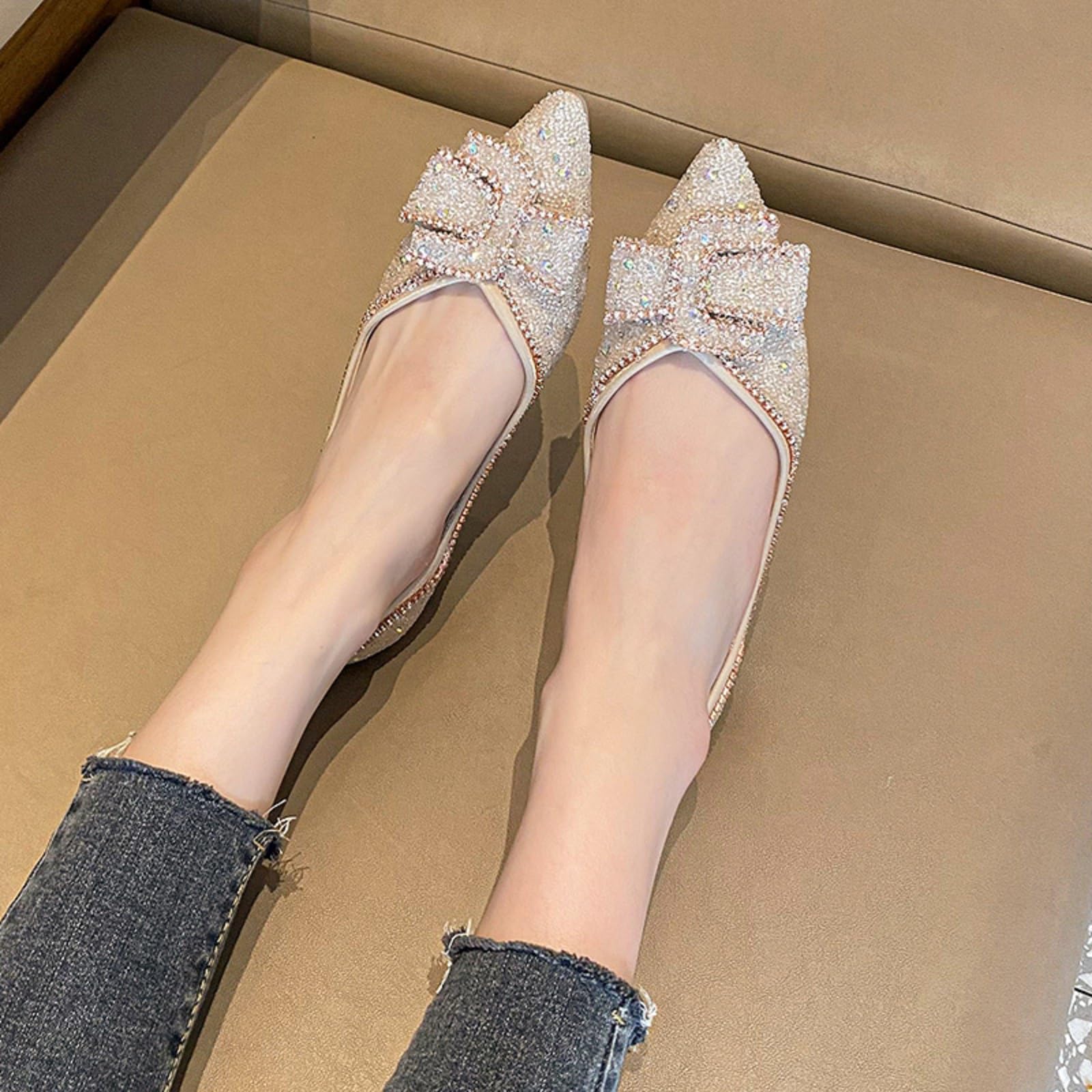 Sparkly Rhinestone Pointed Toe Flats for Women - Glitter Flower Wedding Shoes Comfortable Dress Pumps for Bridal Party, Prom & Evening Events