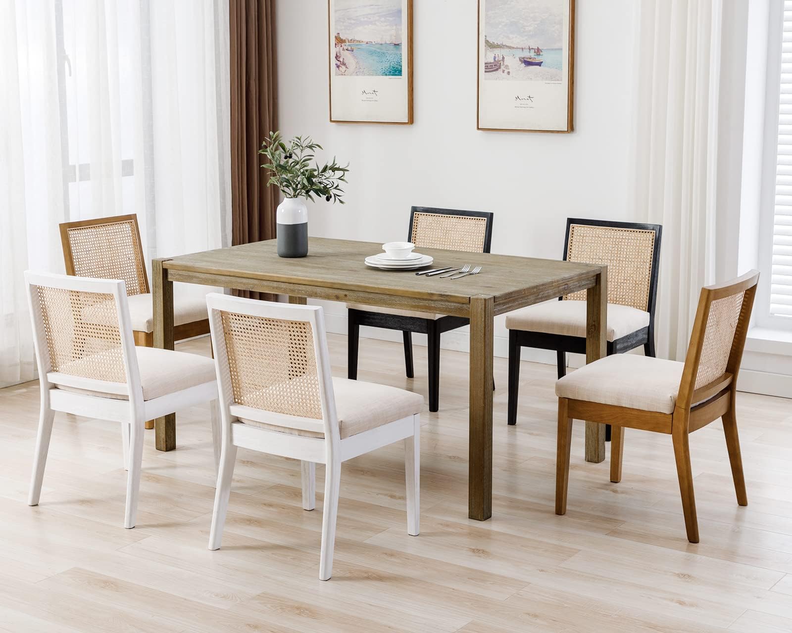Vintage Rattan Dining Chairs Set of 2 - Mid Century Modern Kitchen & Dining Room Chairs with Cane Upholstery and Solid Hardwood Frame in Beige - Perfect for Farmhouse, Boho, or Coastal Style Dining Areas