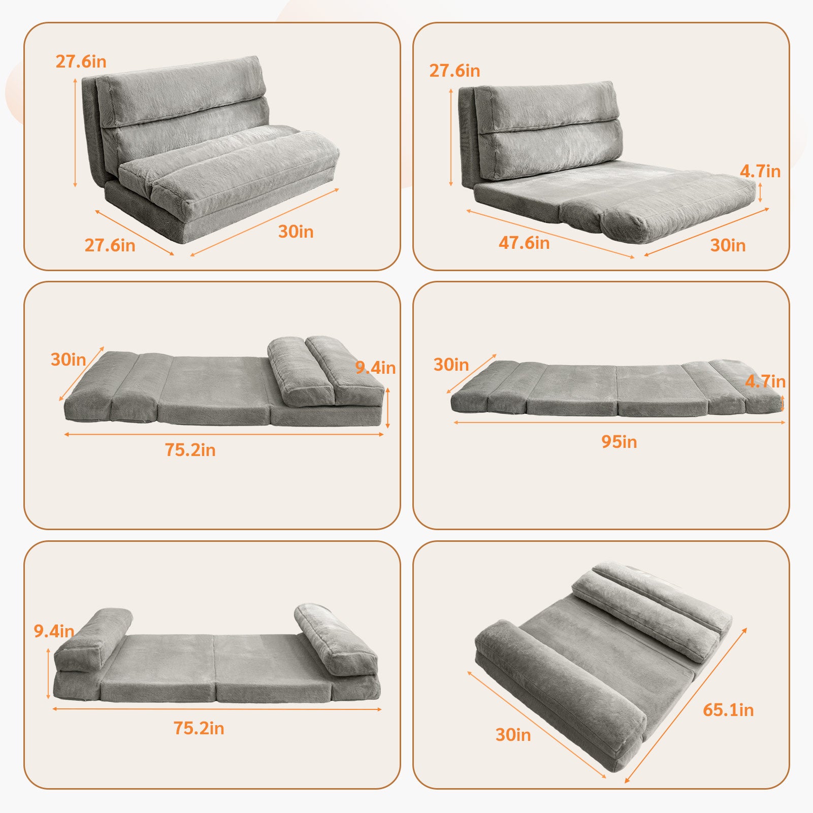MAXYOYO Extra Wide Foldable Bean Bag Bed - Convertible Sofa to Floor Mattress for Adults, Grey - Perfect for Lounging, Guest Beds & Small Space Living
