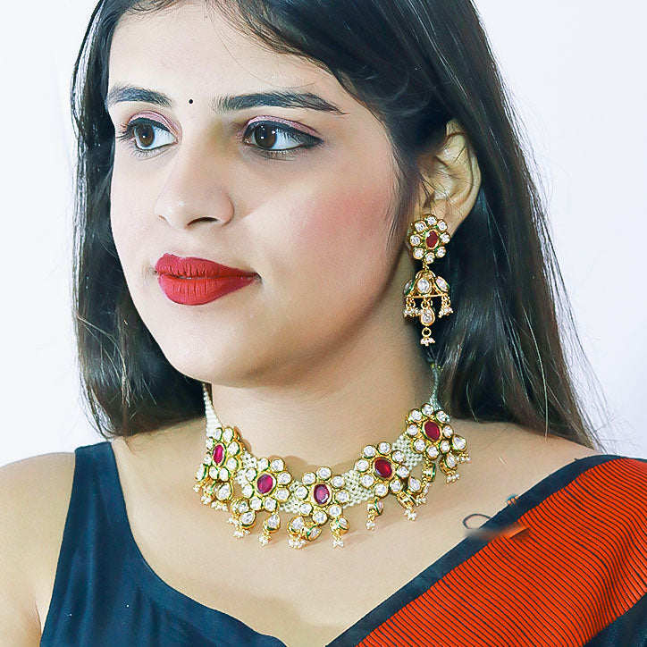 Exquisite Gold Plated Royal Kundan & Ruby Choker Necklace Set with Matching Earrings - Indian Bridal Jewelry for Weddings, Parties & Special Occasions (D575)