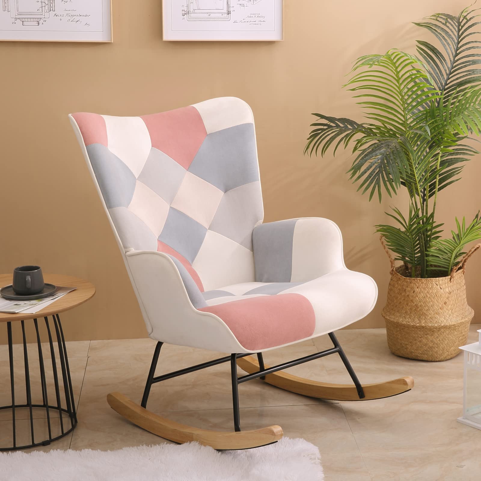 HomVent Upholstered Rocking Chair - Mid Century Modern Fabric Comfortable Nursery Rocker with Tall Back & Wood Base - Accent Armchair for Adults & Kids - Perfect for Living Room, Bedroom, Nursery & Relaxation Spaces