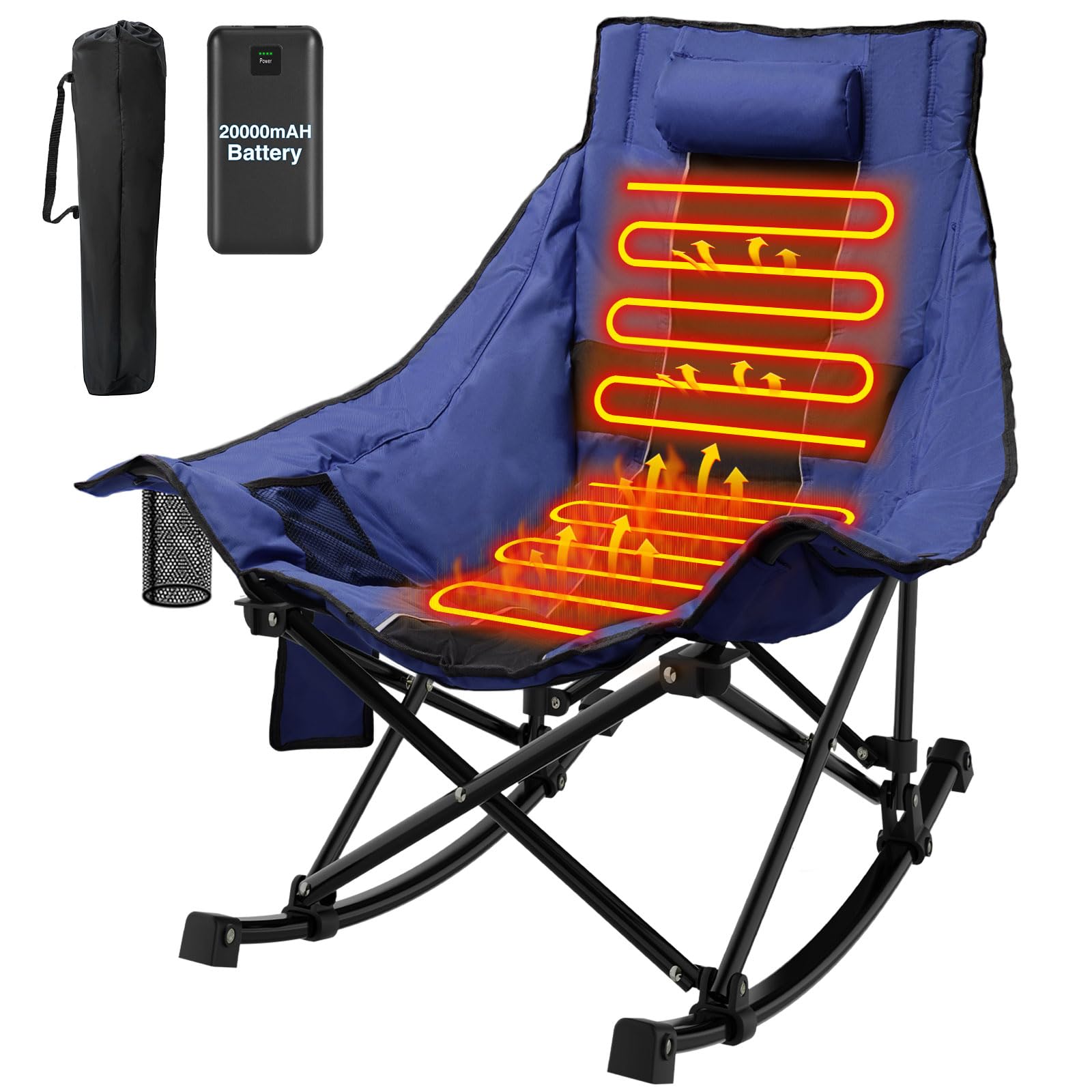 ZENPETIO Oversized Heated Camping Chair with 20000mAh Power Bank - Portable Folding Rocking Chair for Outdoor Camping, Lawn, Sports & Winter Use - Perfect for Cold Weather, Backyard Relaxation & Tailgating Parties