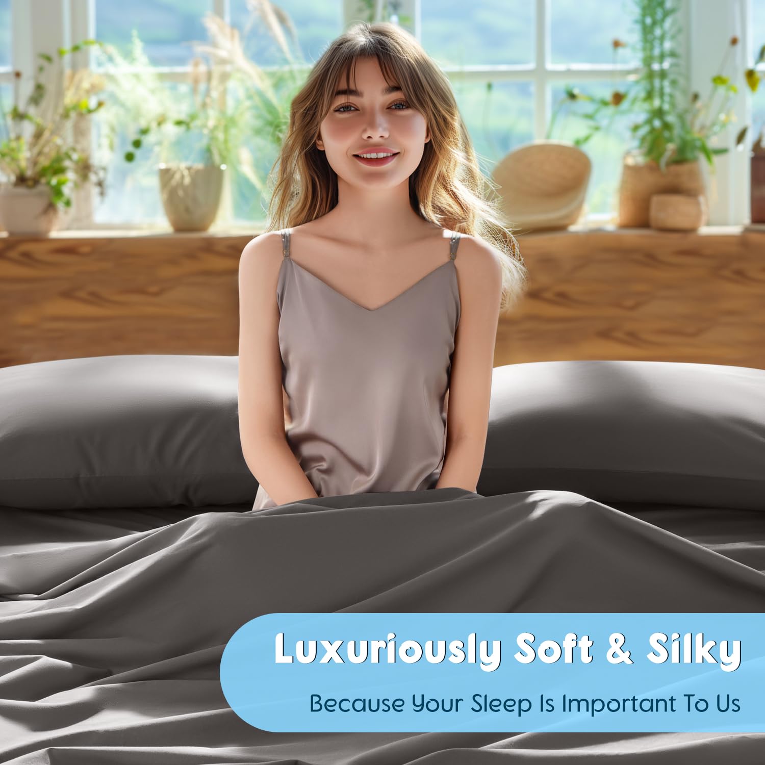 SONORO KATE 100% Egyptian Cotton Sheets Set - 1000 Thread Count Luxury Sateen Bedding, Ultra Soft & Breathable Long Staple Sheets, 4-Piece Full Size Set (Dark Grey) - Perfect for Hotels, Guest Rooms & Premium Home Bedding