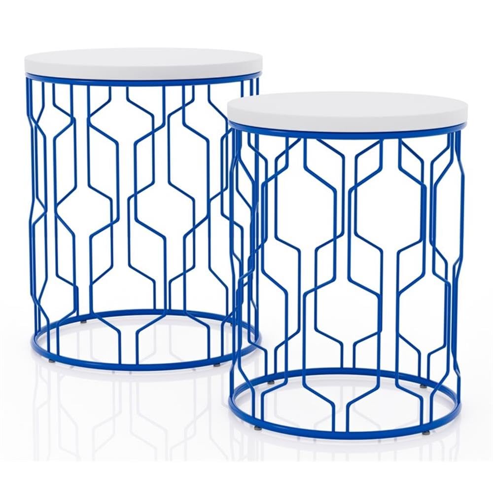 Furniture of America Vereira Metal 2-Piece Nesting Table Set - Blue & White Modern Side Tables for Living Room, Bedroom, or Office Decor