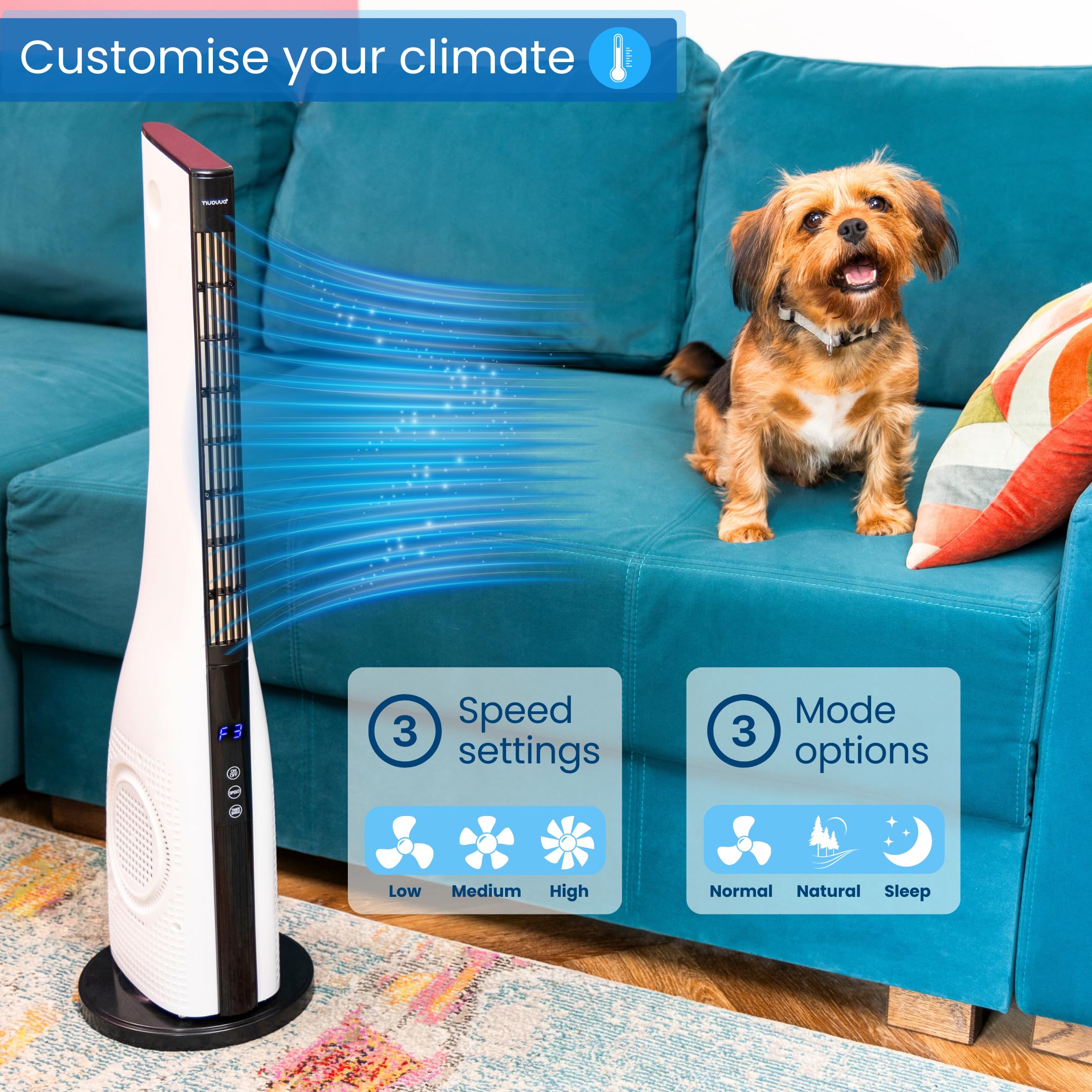Nuovva Powerful Quiet Bladeless Tower Fan with Touch Screen Display - Energy Efficient Oscillating Fan with Remote Control - Perfect Cooling for Bedroom, Office & Living Room - Ultra Quiet Electric Fan for Home & Workspace