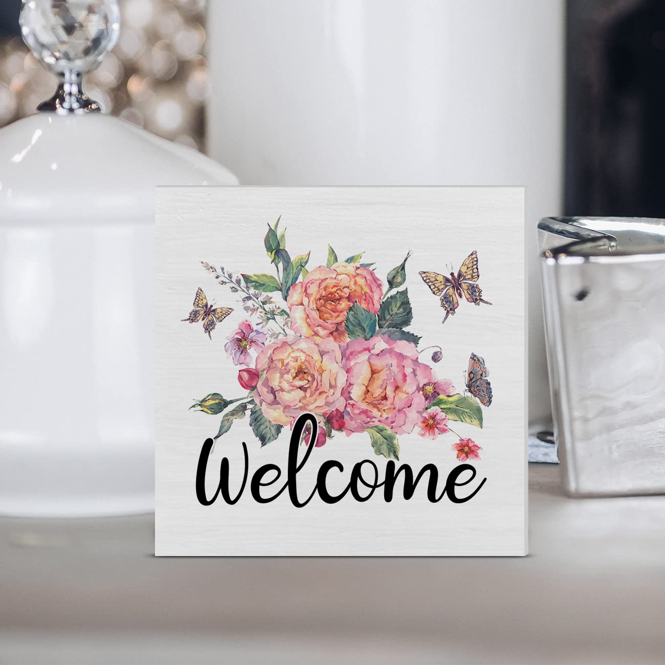 Floral Butterflies Welcome Wooden Box Sign - Farmhouse Spring Decor, 5x5 Inch Wooden Art Block for Desk, Shelf, or Tabletop - Perfect for Home, Office, and Gift Giving