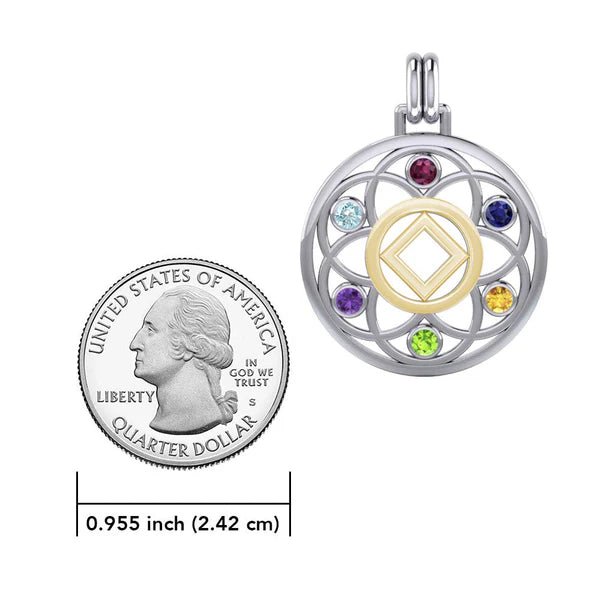 Flower of Life Sterling Silver & 14K Gold Accent Recovery Pendant with AA or NA Symbol & Genuine Gemstone - Spiritual Jewelry for Addiction Recovery & 12-Step Programs