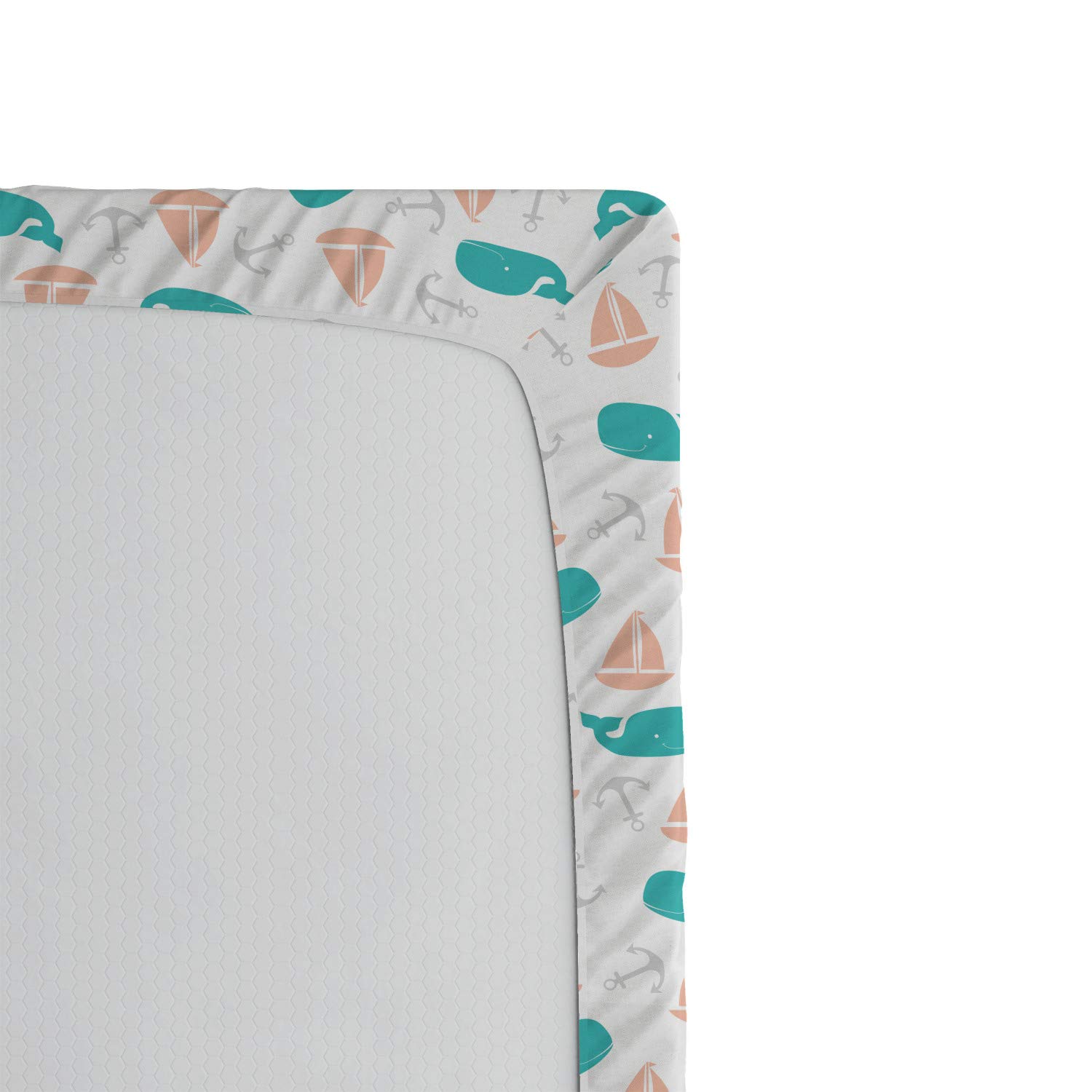 Ambesonne Nautical Fitted Sheet - Marine Themed Sailboat Anchor Whale Print - Deep Pocket Full Size Bed Sheet Set - Turquoise Peach - Perfect for Coastal Bedroom Decor & Guest Room Styling
