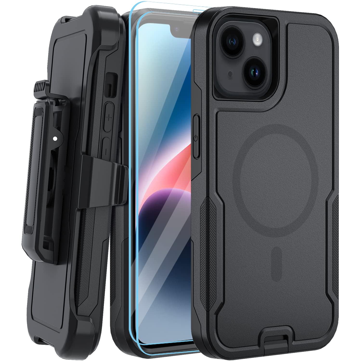 5-in-1 Magnetic Phone Case for iPhone 13/14 Pro Max - Heavy Duty Protective Cover with Belt Clip Holster & 2X Tempered Glass Screen Protectors (Black) | Perfect for Outdoor Work, Construction & Active Lifestyle