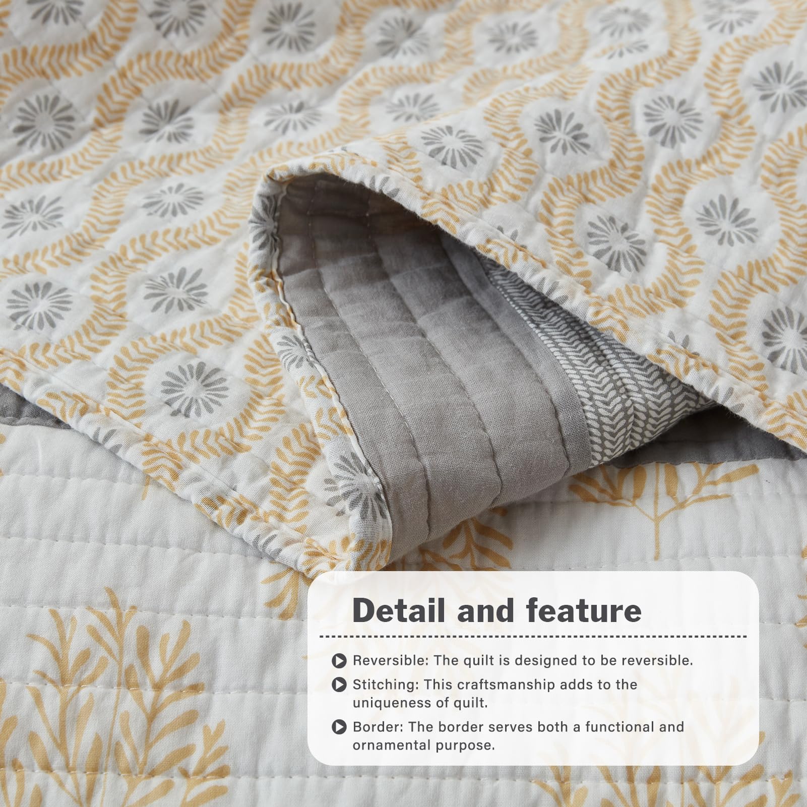 Y-PLWOMEN 100% Cotton 3-Piece Floral Quilt Set Queen Size - Farmhouse Lightweight Bedding for All Seasons in Yellow, White & Grey | Perfect for Guest Rooms, Master Bedrooms & Cozy Farmhouse Decor