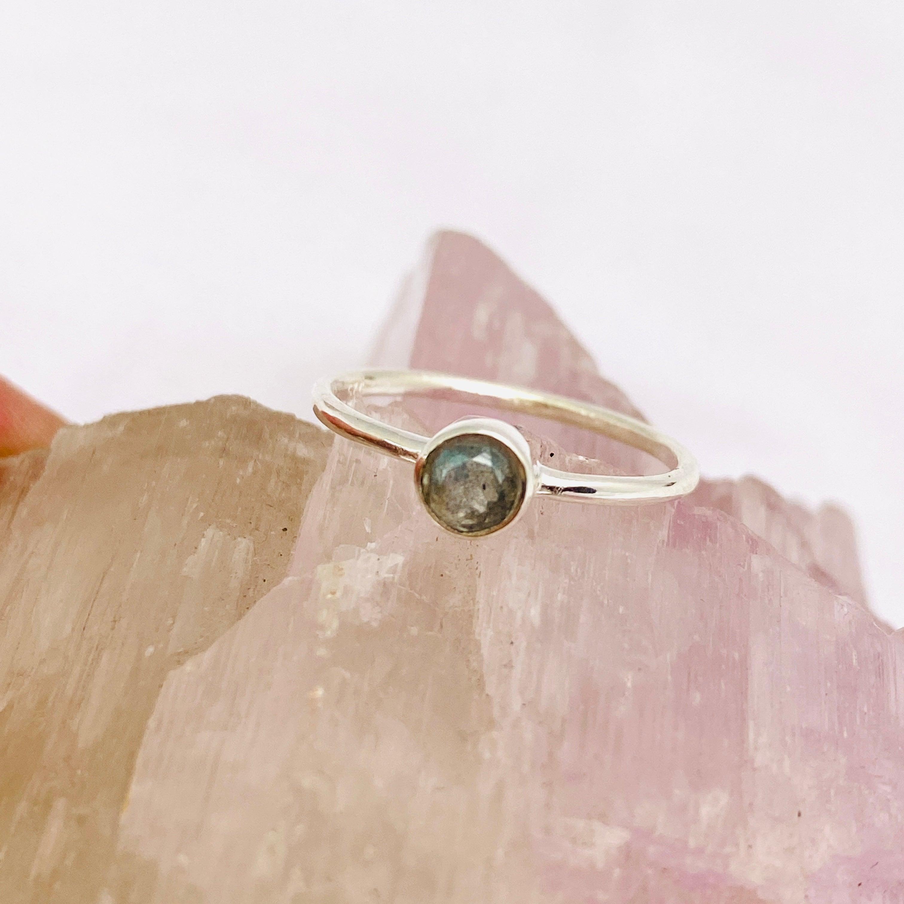 Labradorite Round Faceted Sterling Silver Band Ring - Size 7 - Elegant Gemstone Jewelry for Women, Perfect for Everyday Wear, Gift Giving & Special Occasions