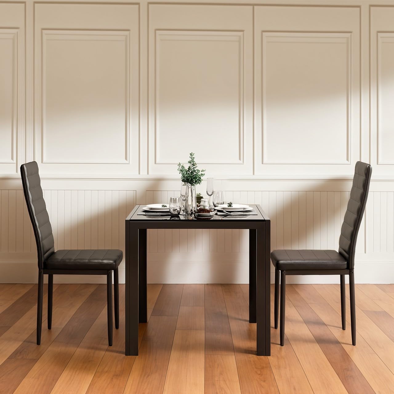 Gizoon 3-Piece Glass Dining Table Set with PU Leather Chairs, Modern Kitchen and Living Room Furniture for 2, Perfect for Small Spaces, Apartments, and Cozy Homes