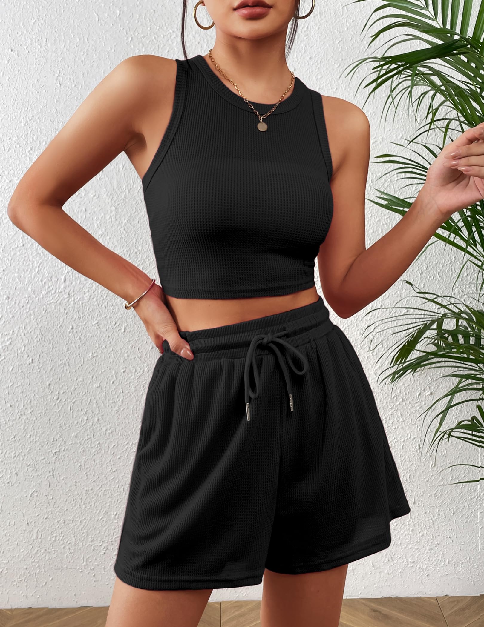 Zeagoo Women's 2-Piece Summer Lounge Set - Sleeveless Waffle Crop Top & Shorts with Pocket | Casual Outfit for Home, Yoga, Gym & Beach Wear