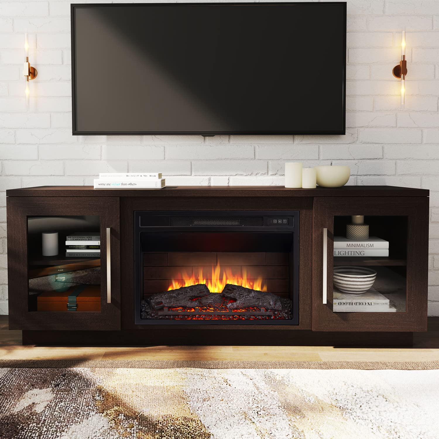 Cheerway 65 Inch TV Stand with Electric Fireplace - Wooden Entertainment Center with 6 Storage Shelves, Barn Doors & Remote Control - Adjustable Flame for Living Room, Bedroom & Home Theater Setup