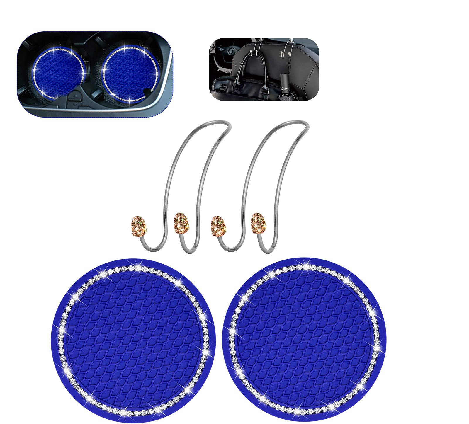 2.75 Inch Anti-Slip Silicone Car Cup Holder Coaster with Hooks | Bling Cute Car Interior Accessories | Universal Seat Back Organizer for Purse & Bag | Perfect for Road Trips & Daily Commute