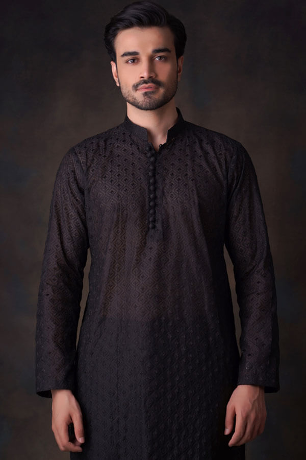 Jet Black Diamond Embroidered Cotton Sheer Kurta and Waistcoat Set for Women - Elegant Traditional Indian Outfit for Festivals, Weddings & Special Occasions