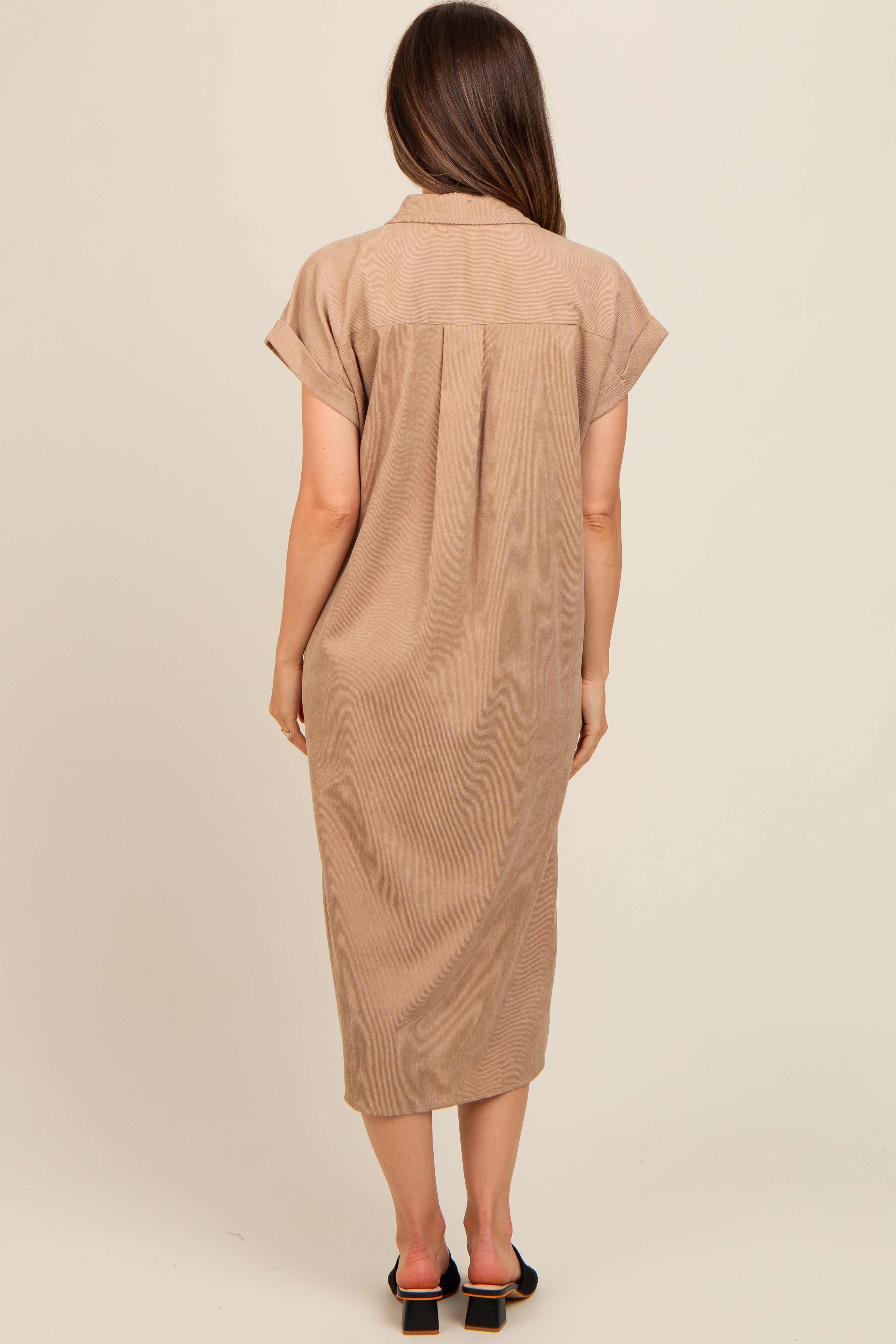 Beige Corduroy Button Down Maternity Midi Dress for Women - Comfortable Pregnancy Outfit for Casual Wear, Baby Shower & Photo Shoots